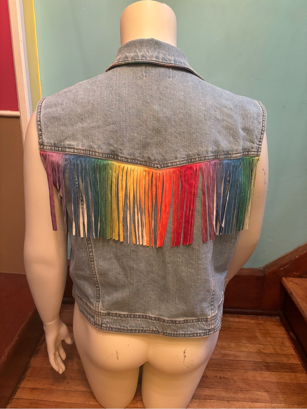 Denim Fringe Vest pride, Rainbow Trim - Women Jeans (unisex)